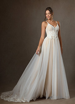 Azazie Devi Wedding Dresses Diamond White Champagne A-Line V-Neck Lace Tulle Dress image5