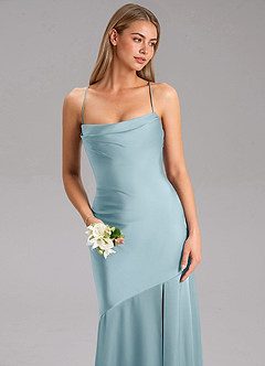 Azazie Grata Robes de demoiselle d'honneur Robe Fourreau en Satin extensible Fente Latérale Bleu Maussade image6