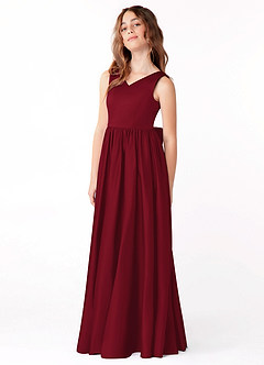 Azazie Hathaway Junior Burgundy A-Line Bow Matte Satin Dress image4