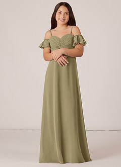 Azazie Juna Junior Robe Trapèze en Mousseline de soie Épaule décolletée Vert Mousse image4