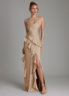Azazie Jayda Bridesmaid Dresses Taupe A-Line Ruched Stretch Satin Dress image1