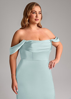 Azazie Saige Bridesmaid Dresses Mist Sheath Off the Shoulder Stretch Satin Dress image14
