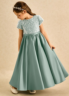 Azazie Cashew Flower Girl Dresses Silver Sage Ball-Gown with Sleeves Matte Satin Dress image5