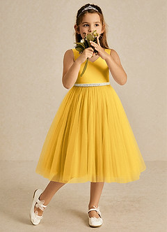 Azazie Firefly Flower Girl Dresses Marigold A-Line Bow Matte Satin Dress image1