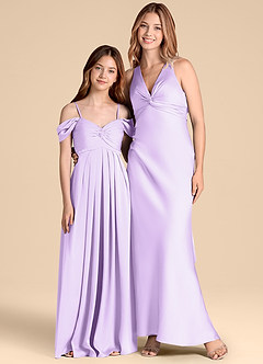 Azazie Kaitlynn Junior Lilac A-Line Off the Shoulder Stretch Satin Dress image3
