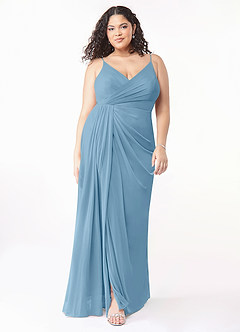 Azazie Evalin Robes de demoiselle d'honneur Robe Trapèze en Maille Col V plissé Acier Bleuté image7