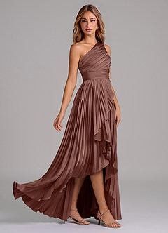 Azazie Lyrica Bridesmaid Dresses Espresso A-Line One Shoulder Stretch Satin Dress image2