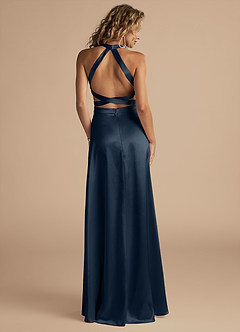 Azazie Clarice Bridesmaid Dresses Dark Navy A-Line High Neck Metallic Satin Dress image2