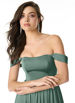 Azazie Morana Bridesmaid Dresses Eucalyptus A-Line Off the Shoulder Stretch Satin Convertible Dress image5