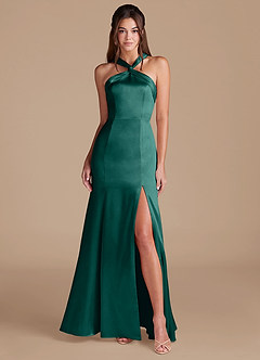 Azazie Rue Bridesmaid Dresses Pine Sheath Pleated Metallic Satin Dress image1