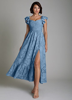 Azazie Anaya Bridesmaid Dresses Steel Blue A-Line Ruched Floral Burnout Dress image1
