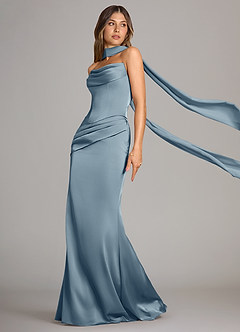 Azazie Sorrel Jurken voor bruidsmeisjes Converteerbaar Jurk van Stretch Satijn met Zeemeermin Strapless Stoffig Blauw image4