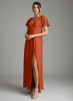 Azazie Kimber Bridesmaid Dresses Burnt Orange A-Line Flounce Sleeve Chiffon Dress image5