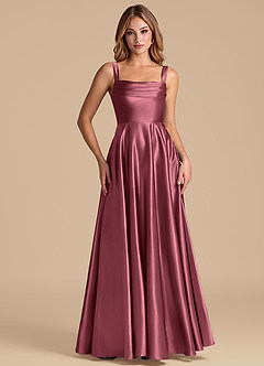 Azazie Shaude 신부 들러리 드레스 A라인 주름진 메탈릭 새틴 바닥 길이 드레스 image5