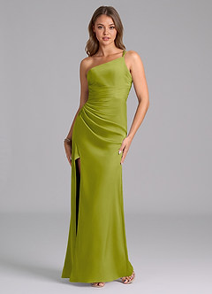 Azazie Eren Bridesmaid Dresses Lemongrass Mermaid One Shoulder Stretch Satin Dress image5