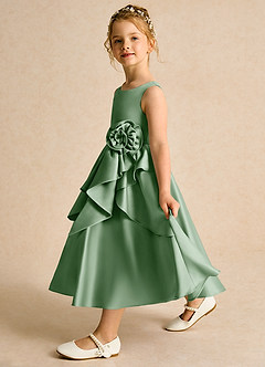 Azazie Hermia Blumenmädchenkleider A-Linie ärmellos Matte Satin Kleid Matcha image4