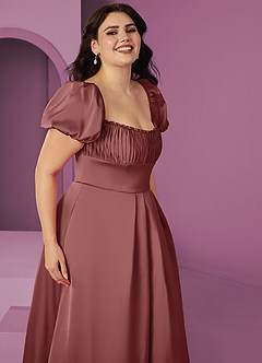 Barbie ♥ Azazie Bridesmaid Dresses Amethyst A-Line Ruched Stretch Satin Dress image10