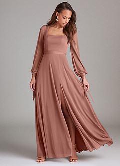 Azazie Leonia Bridesmaid Dresses Cedar Rose A-Line Long Sleeve Mesh Dress image2