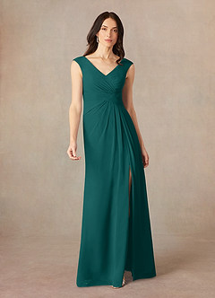 Azazie Sally Final Sale Peacock A-Line V-Neck Pleated Chiffon Dress image1