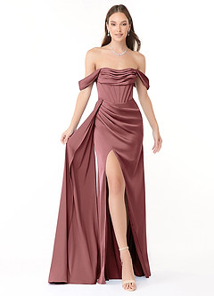 Azazie Amyra Vestidos de damas de honor Vestido de Amatista de Satén Elástico de Corte Recto Convertible con Vestidos sin tirantes image1
