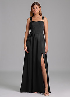 Azazie Rosaline Bridesmaid Dresses Black A-Line Side Slit Stretch Satin Dress image3