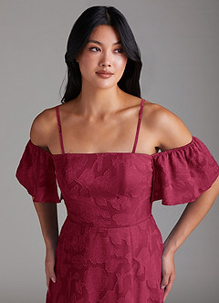 Azazie Sue Bridesmaid Dresses Burgundy A-Line Off the Shoulder Floral Burnout Convertible Dress image2
