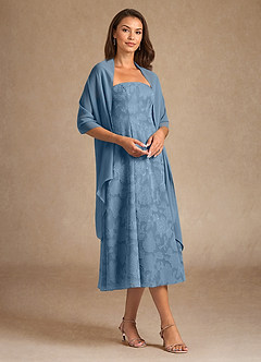 Azazie Lorain Mother of the Bride Dresses Steel Blue A-Line Pleated Floral Burnout Dress image4