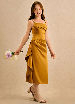Azazie Canna Girls Formal Blomsterpigekjoler A-Line Plisseret Stræk satin Te-længde Kjole image3