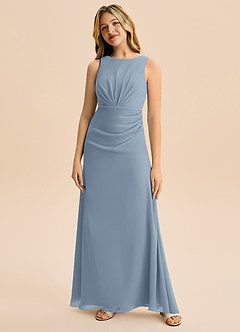 Azazie Floris Junior Robe Trapèze en Mousseline de soie Plissée Bleu Poussiéreux image4