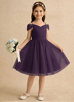 Azazie Lila Girls Formal Robe Demoiselle D'honneur Fillette Robe Trapèze en Tulle Épaule décolletée Prune image4