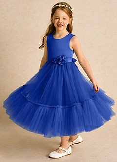 Azazie Miracle vestidos de niña de las flores Vestido de Azul Real de Satin Mate de Corte En A con Lazo image4