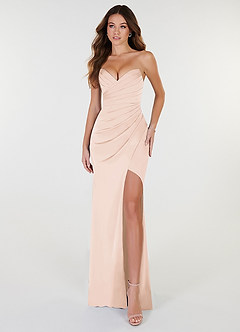 Azazie Yola Bridesmaid Dresses Blushing Pink Sheath V-Neck Pleated Stretch Satin Convertible Dress image1