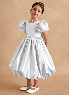 Azazie Jellybean Flower Girl Dresses White Ball-Gown Ruched Matte Satin Dress image4