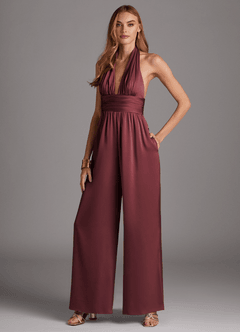 Azazie Oli Robes de demoiselle d'honneur Combinaison en Satin extensible Plissée Merlot image1