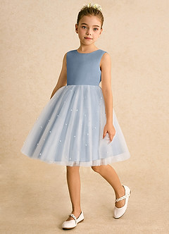 Azazie Esme Blumenmädchenkleider Ballkleid Schleifen Tüll Kleid Staubblau image5