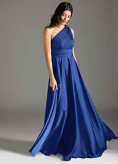 Azazie Charlize Vestidos de damas de honor Vestido Azul Real de Satén Elástico de Línea A con Un hombro image3