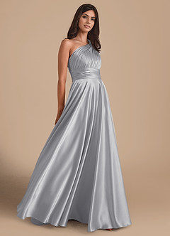 Azazie Charlize Vestidos de damas de honor Vestido de Plata de Satén Metálico de Corte en A con Hombro unilateral image4