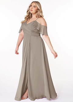 Azazie Dakota Bridesmaid Dresses Taupe A-Line V-Neck Pleated Chiffon Dress image3