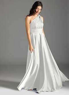 Azazie Charlize Abiti da Damigella Abito A-Line in Raso Elasticizzato Monospalla Bianco image3