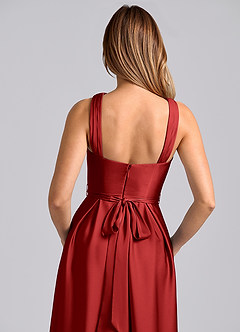 Azazie Dixie Bridesmaid Dresses Pomegranate A-Line Pleated Stretch Satin Dress image2