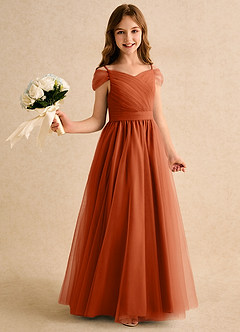 Azazie Yuna Junior Formal Flower Girl Dresses Burnt Orange A-Line Off the Shoulder Tulle Dress image1