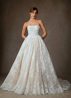 Azazie Justice Wedding Dresses Diamond White Champagne Ball-Gown Off the Shoulder Lace Dress image3