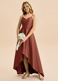 Azazie Eirlys Junior A-Linie Plissee Stretch-Satin Kleid Rotbraun image4