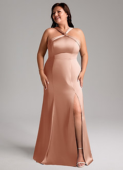 Azazie Rue Bridesmaid Dresses Rose Gold A-Line Pleated Stretch Satin Dress image10