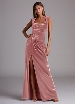 Azazie Genesis Bridesmaid Dresses Dusty Rose Sheath Pleated Velvet Dress image1