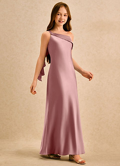 Azazie Almond Girls Formal vestidos de niña de las flores Vestido de Rosa Polvorienta de Satén Elástico de Corte Recto con Hombro unilateral image5