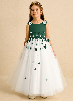 Azazie Eleni Blumenmädchenkleider Ballkleid Schleifen Tüll Kleid Elfenbein Dunkelgrün image1
