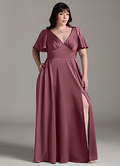 Azazie Kimber Bridesmaid Dresses Desert Rose A-Line Ruched Stretch Satin Dress image9