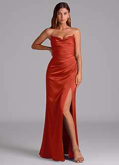 Azazie Claudelle Robes de demoiselle d'honneur Robe Sirène en Satin extensible Sans bretelles Rouille image5