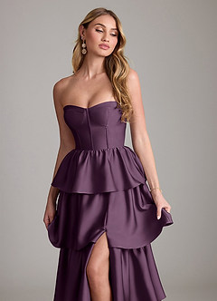 Azazie Faye Bridesmaid Dresses Plum A-Line Ruched Stretch Satin Dress image5